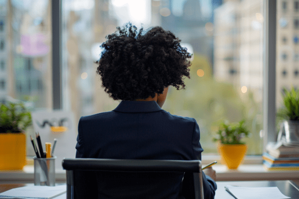 View from behind of a woman wearing a dark blue suit sitting at a desk while writing with a pencil