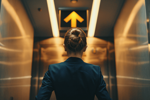 View from behind of a businesswoman going up in an elevator