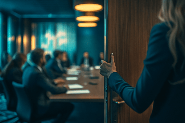 Businesswoman opeing a door and entering a meeting
