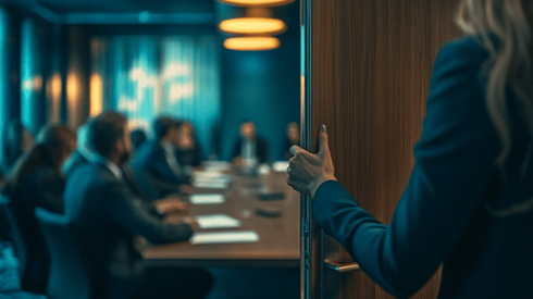 Businesswoman opeing a door and entering a meeting