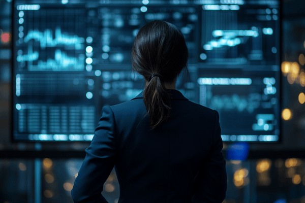 A businesswoman in a dark blue suit in front of a high-tech screen with various graphs and charts on it