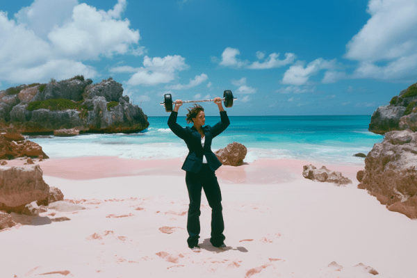 Businsesswoman lifitng weights on a beach with pink sand