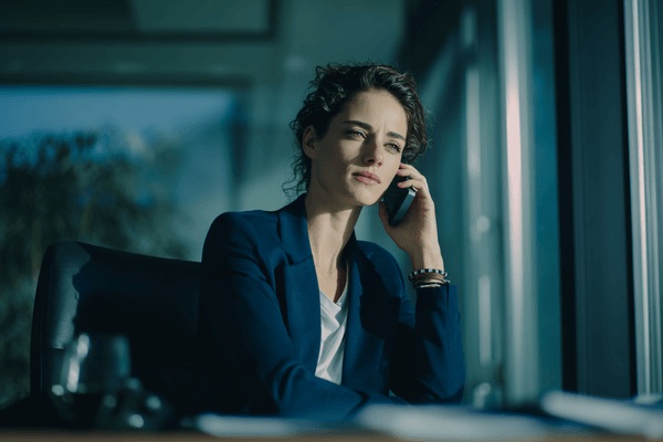 A businesswoman in a dark blue suit talking on her phone while seated at her desk