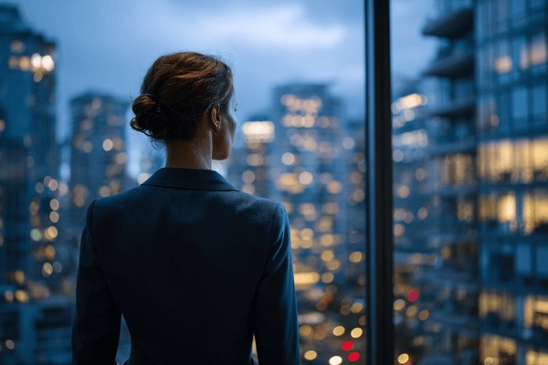 A businesswoman in a dark blue suit looks out of a window at the lit-up cityscape