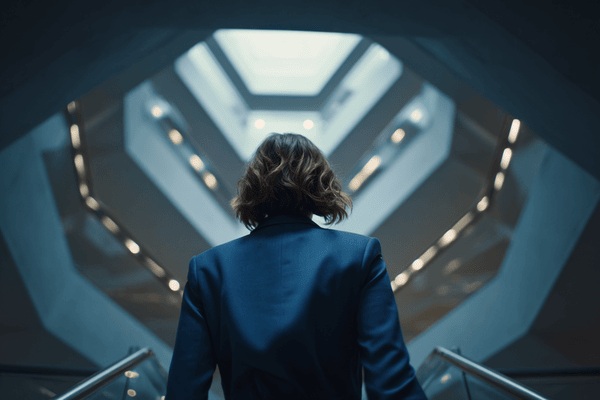 A businesswoman wearing a dark blue suit walking up a staircase in an office building