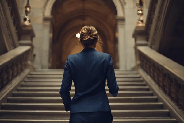 The view from behind of a businesswoman in a dark blue suit walking up the staircase of a state capitol building
