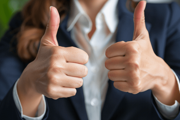 Closeup of the hands of a businesswoman wearing a dark blue suit giving two thumbs up