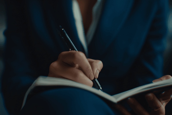 Close-up of the hands of a businesswoman writing with a pen on a legal pad