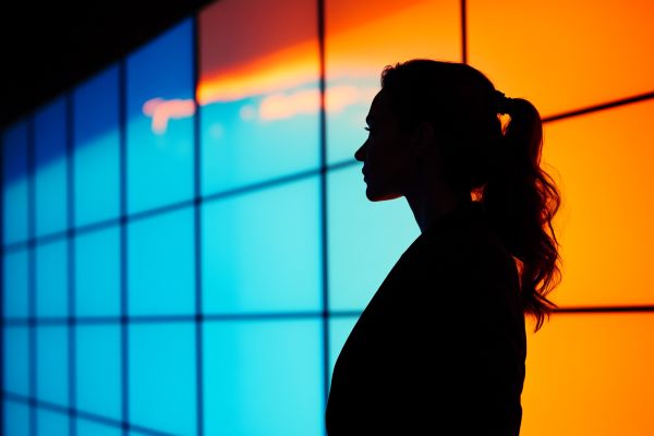 businesswoman silhouette in front of blue and orange screen