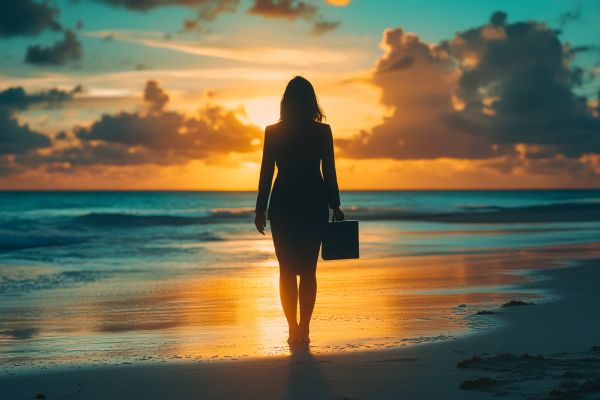 silhouette of a businesswoman holding a briefcase standing on a beach