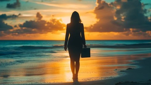 silhouette of a businesswoman holding a briefcase standing on a beach