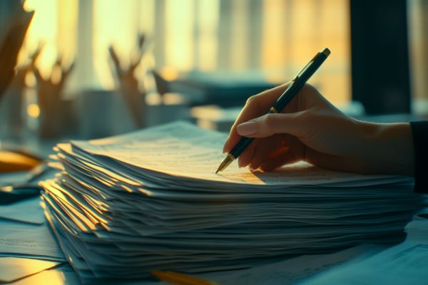 businesswoman's hand signing a stack of papers