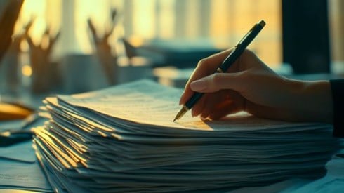 businesswoman's hand signing a stack of papers