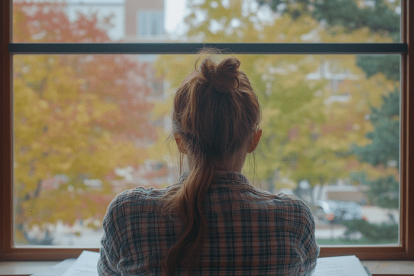 Female college student from behind writing an essay in front of a window