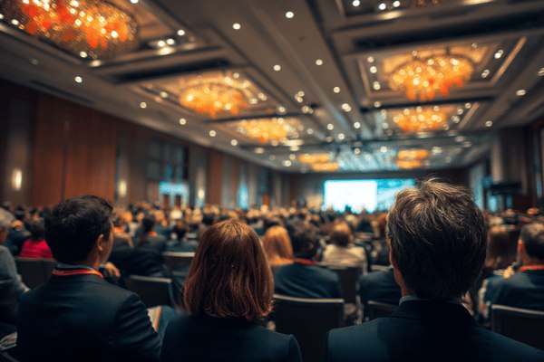A conference hall full of businesspeople