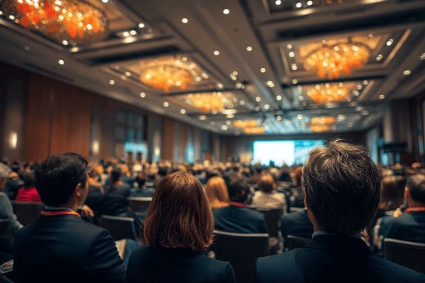 A conference hall full of businesspeople