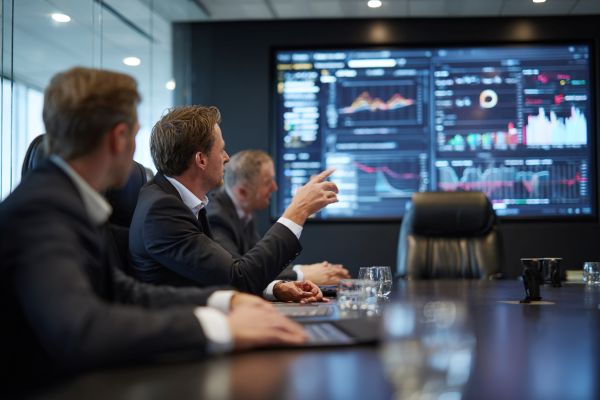executives meeting in a board room looking at data on a screen