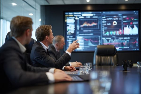 executives meeting in a board room looking at data on a screen