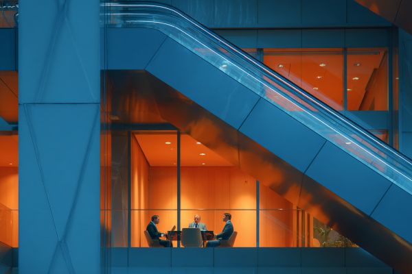 three executives meeting in an office next to a down escalator