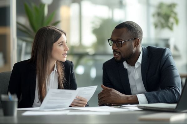 two professionals talking over paperwork