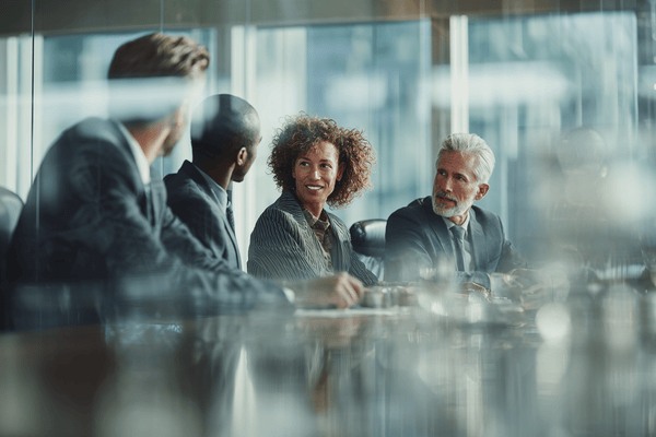 Four businesspeople talking while seated at a conference table