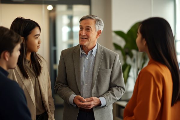 business students gathered speaking with business professor