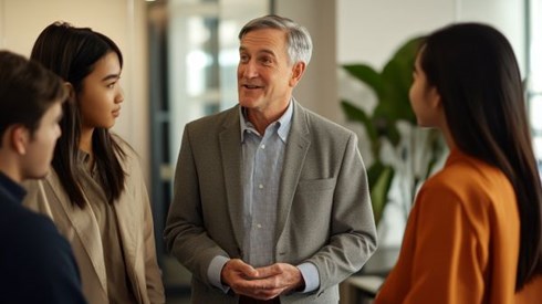 business students gathered speaking with business professor
