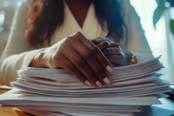 A businesswoman resting her hands on a stack of documents