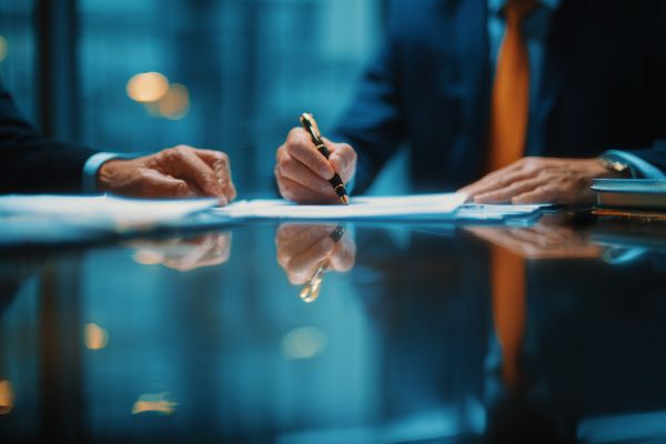 businesspeople's hands signing documents on a conference table with clear reflection underneath