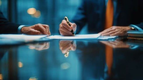 businesspeople's hands signing documents on a conference table with clear reflection underneath