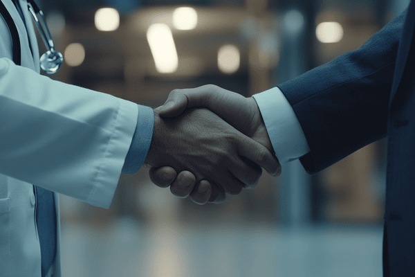 A doctor and a businessman shaking hands