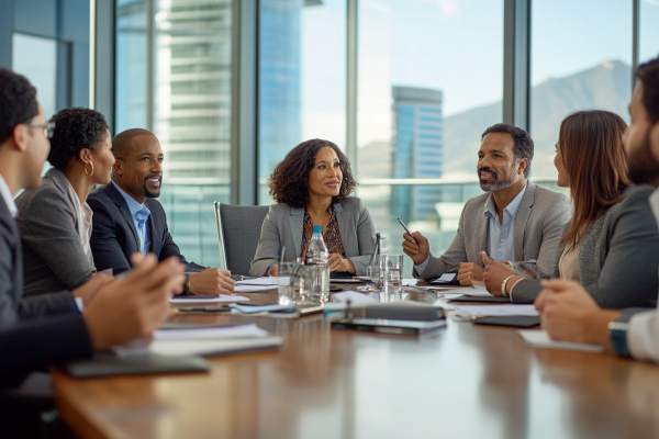 group of professional businesspeople chatting around a conference table
