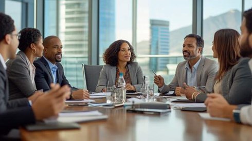 group of professional businesspeople chatting around a conference table