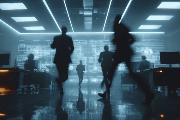 Silhouettes of people rushing around a high-tech office