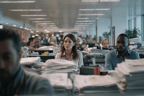 Nervous and tired office workers sitting behind large stacks of paperwork on their desks