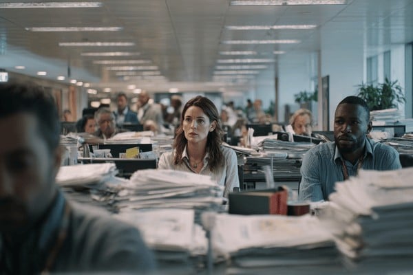 Nervous and tired office workers sitting behind large stacks of paperwork on their desks