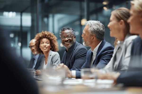A group of friendly, diverse businesspeople smiling and talking while sitting at a conference table