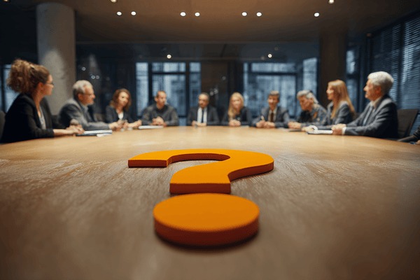 A big orange question mark in the middle of a conference table that is surrounded by businesspeople