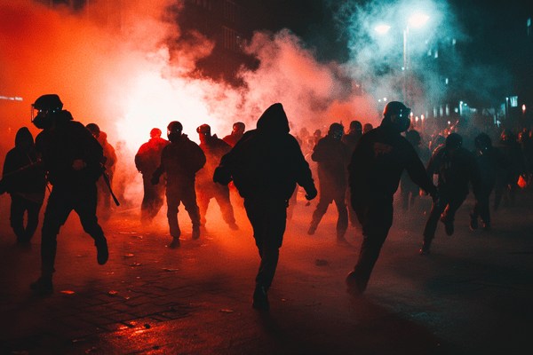 A group of people in a riot at night