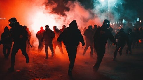 A group of people in a riot at night