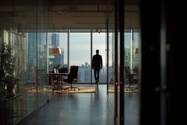 silhouette of a businessman walking towards the window of an executive corporate office overlooking a city