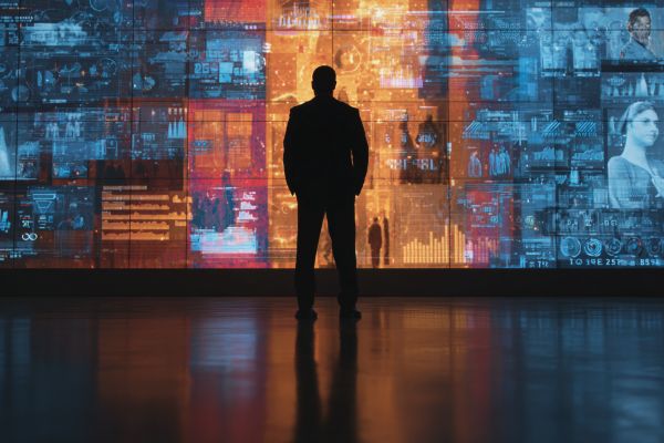 silhouette of a businessman standing with his hands in his pockets looking at a wall of screens with blue and oranges images and data