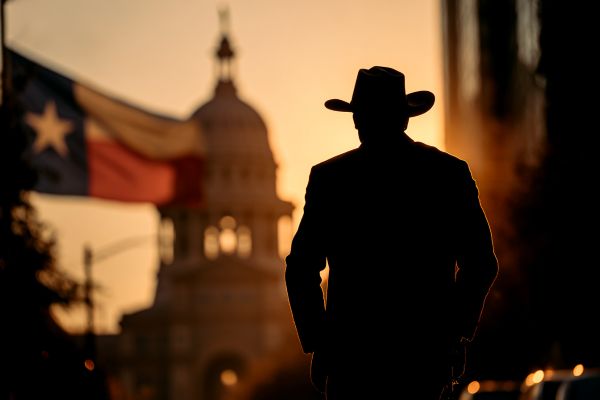 silhouette of a businessman wearing a cowboy hat in front of the Texas flag waving and the Texas capitol building