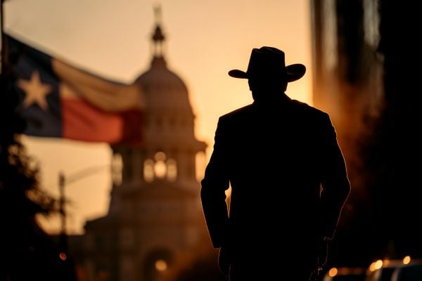 silhouette of a businessman wearing a cowboy hat in front of the Texas flag waving and the Texas capitol building