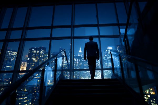 silhouette of a businessman walking up stairs to a glass window overlooking New York City skyline at night