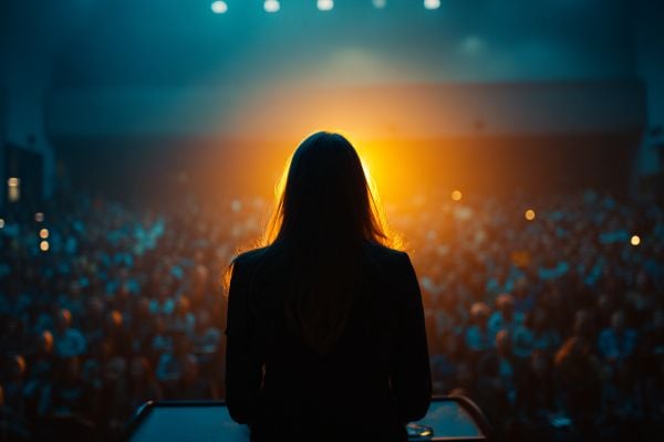 silhouette of a businesswoman at a podium overlooking a crowded auditorium