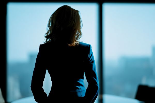 silhouette of the back of a blonde businesswoman in a blue suit standing in a conference room in front of a window