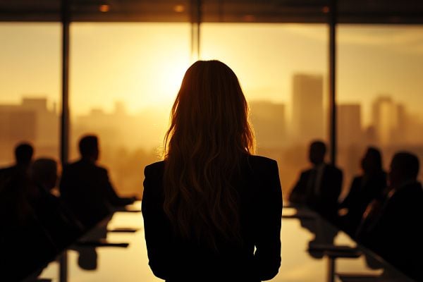 silhouette of a businesswoman speaking to a conference room of businesspeople during a sunset