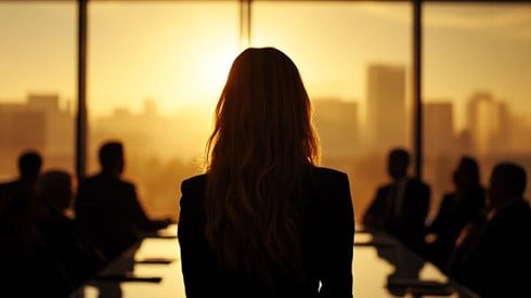 silhouette of a businesswoman speaking to a conference room of businesspeople during a sunset