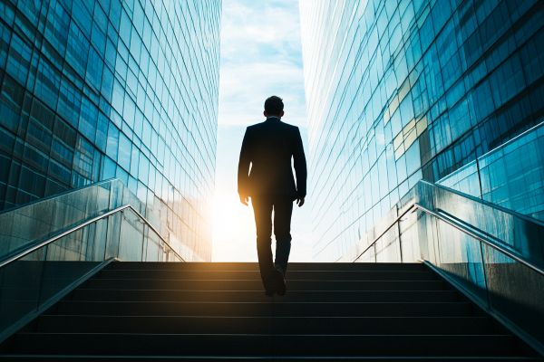 silhouette of a businessman walking up stairs
